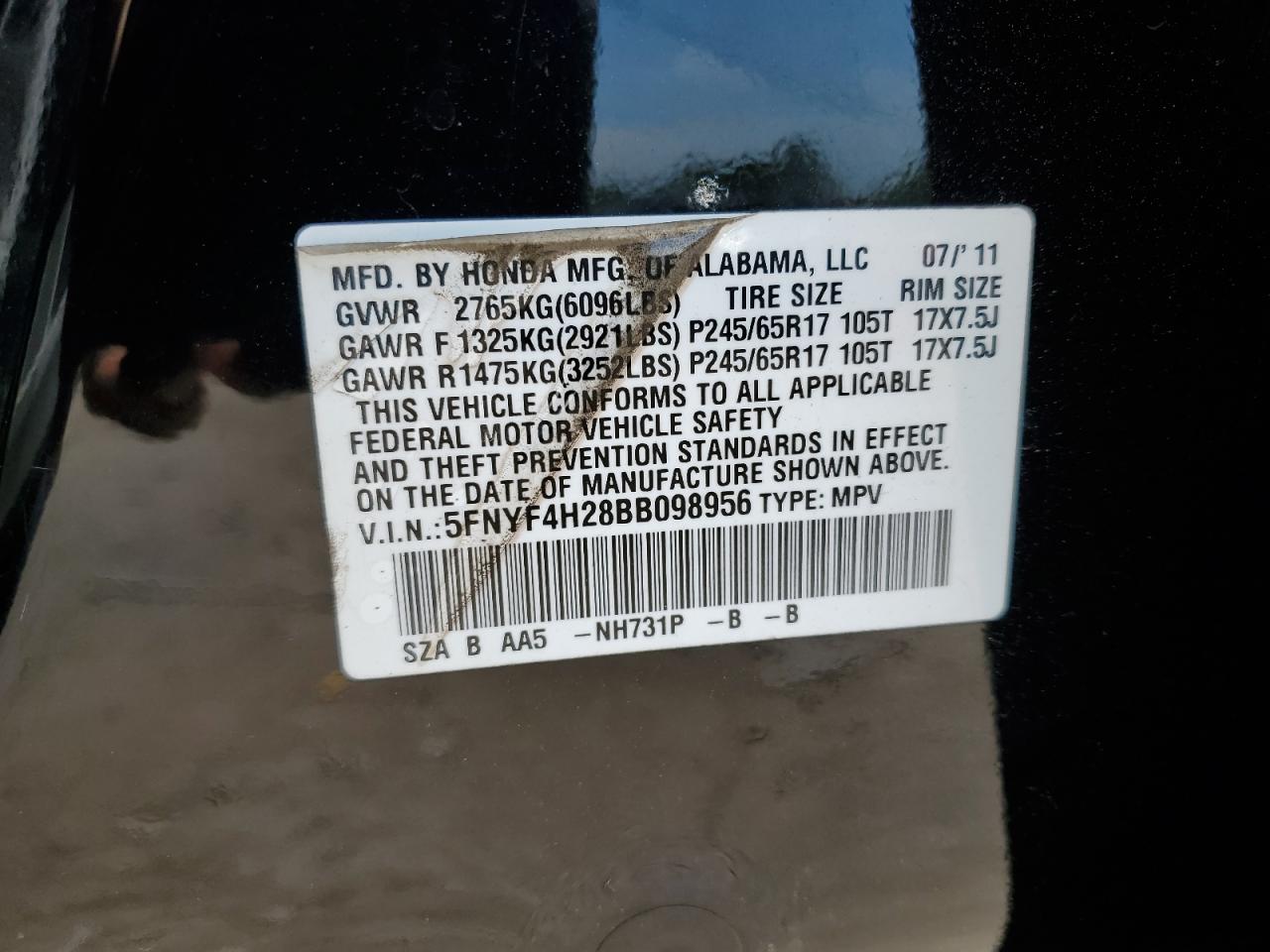 5FNYF4H28BB098956 2011 Honda Pilot Lx