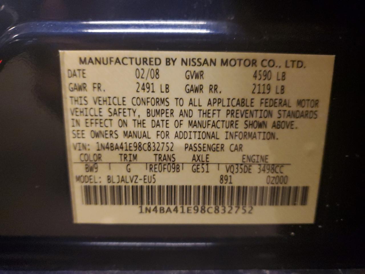 1N4BA41E98C832752 2008 Nissan Maxima Se