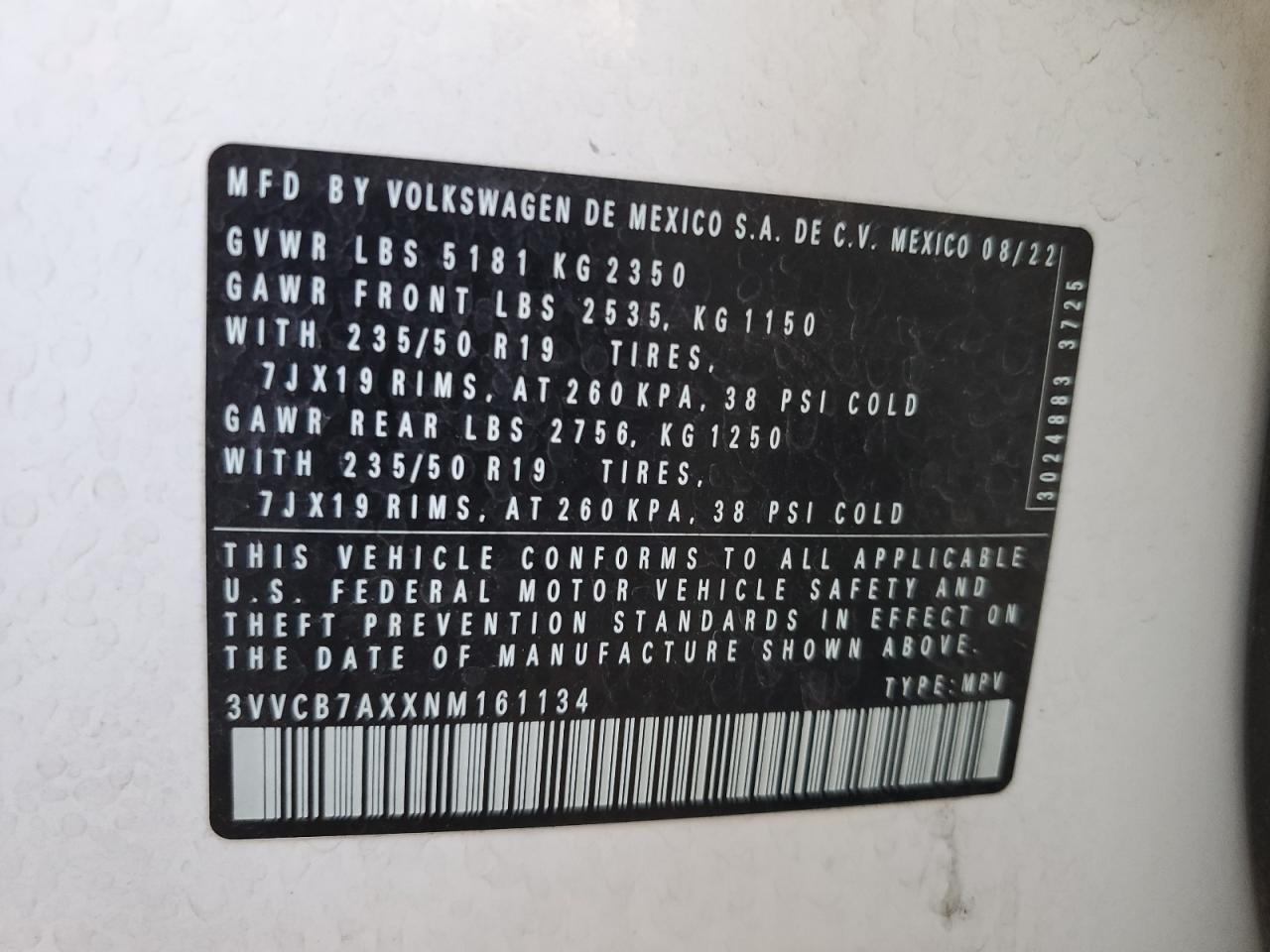 3VVCB7AXXNM161134 2022 Volkswagen Tiguan Se R-Line Black