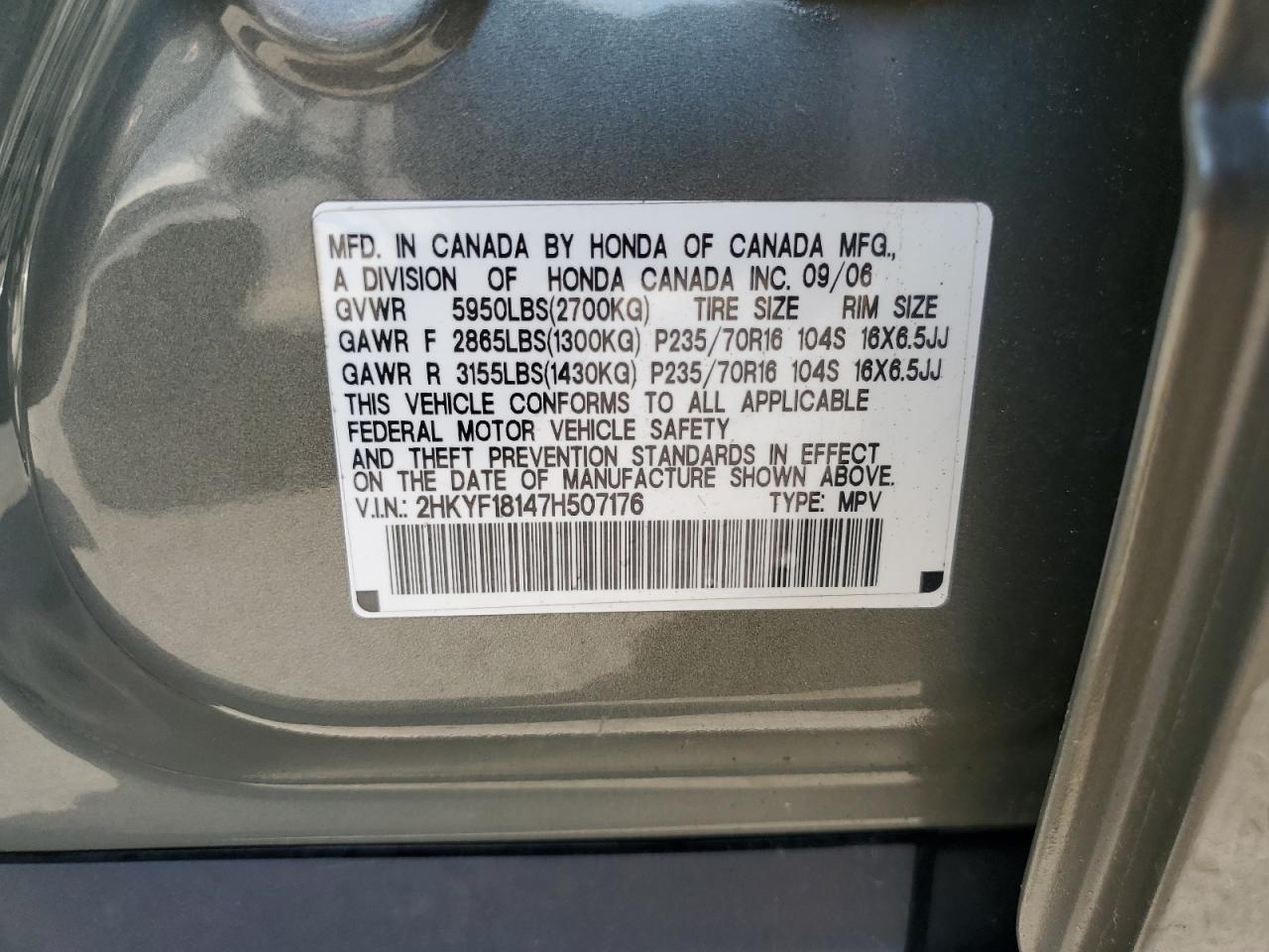 2HKYF18147H507176 2007 Honda Pilot Lx
