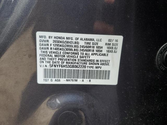 2016 Honda Pilot Exl VIN: 5FNYF6H53GB062220 Lot: 59362904