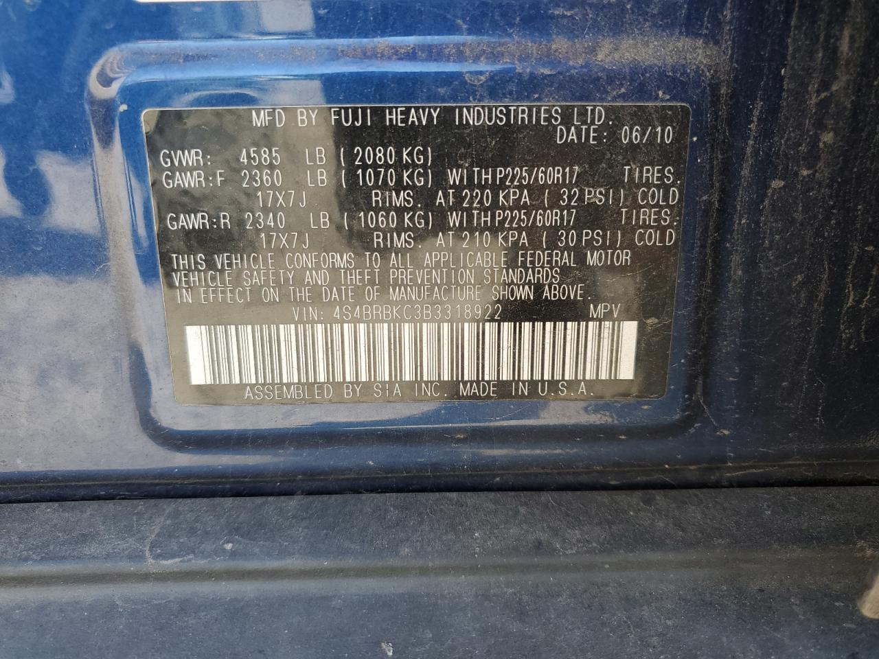 4S4BRBKC3B3318922 2011 Subaru Outback 2.5I Limited