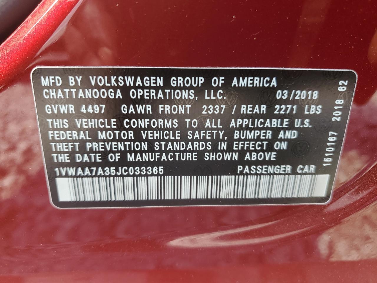 1VWAA7A35JC033365 2018 Volkswagen Passat S