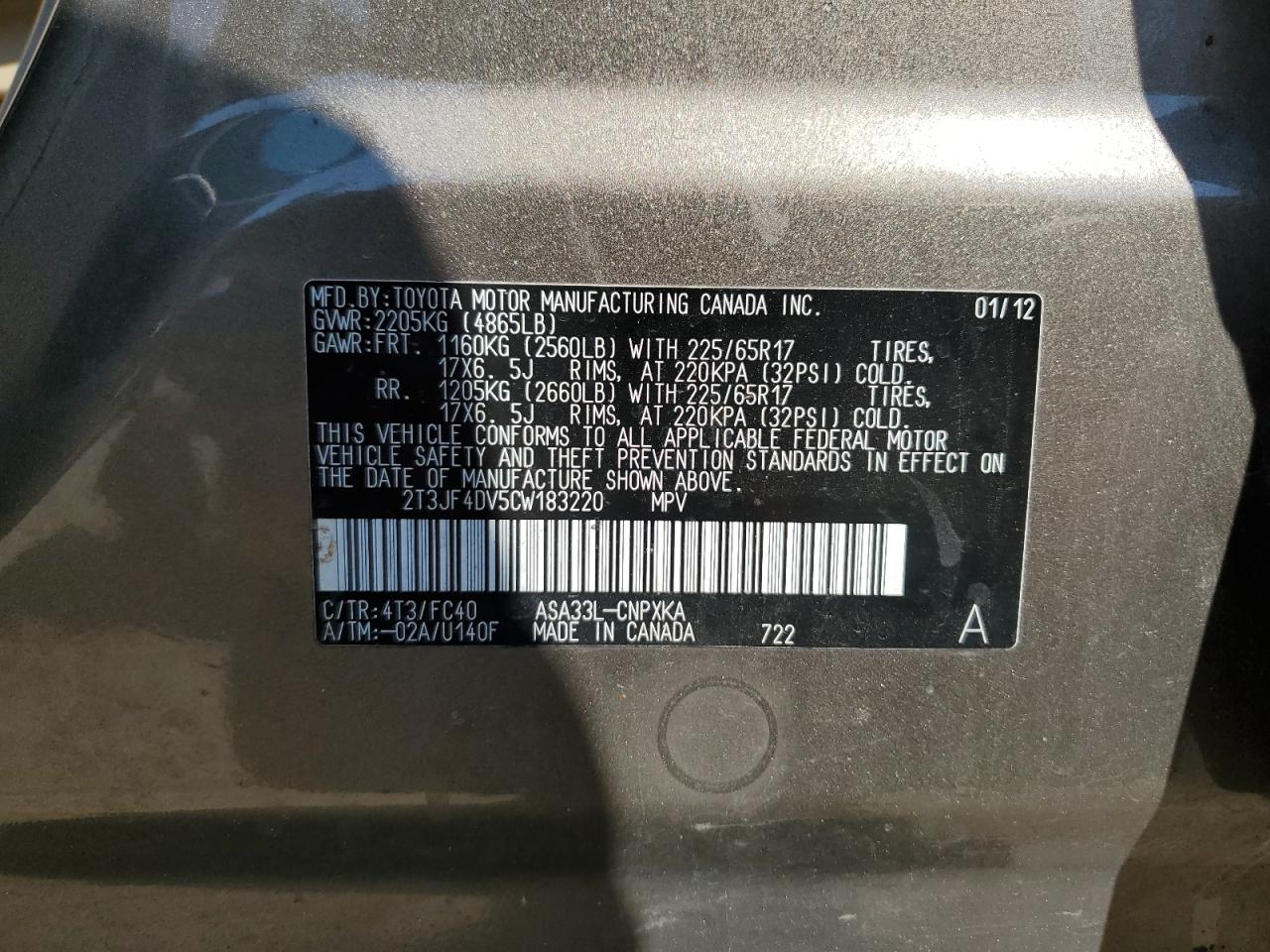 2T3JF4DV5CW183220 2012 Toyota Rav4