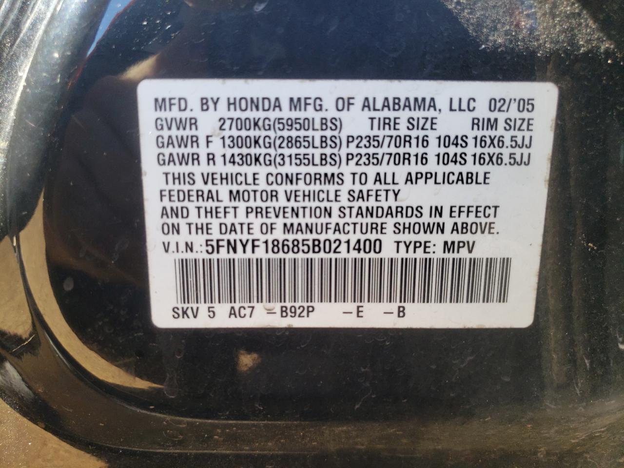 5FNYF18685B021400 2005 Honda Pilot Exl