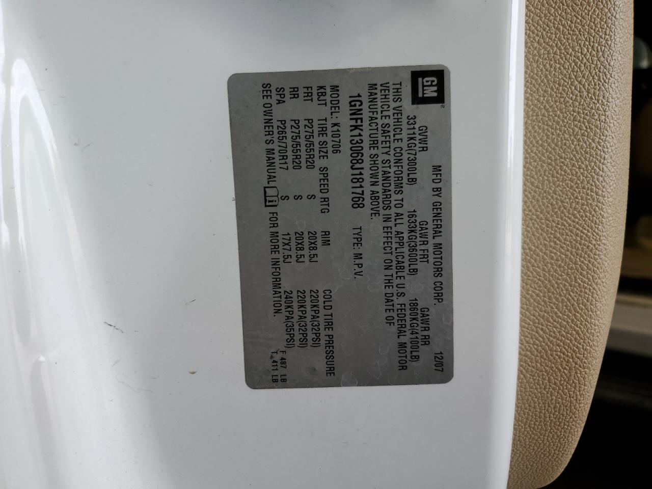 1GNFK13068J181768 2008 Chevrolet Tahoe K1500