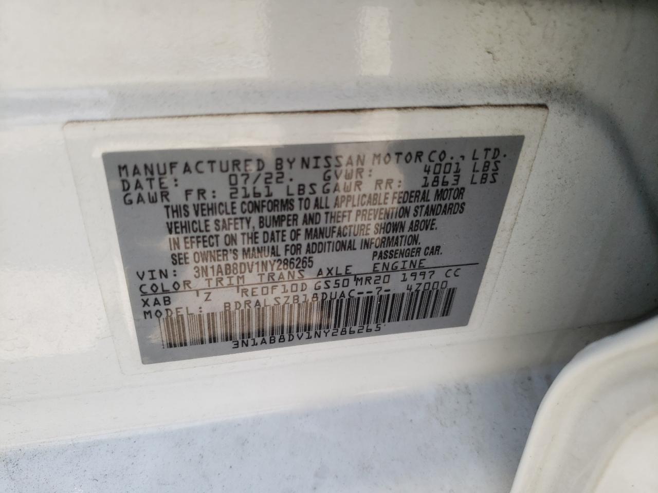 3N1AB8DV1NY286265 2022 Nissan Sentra Sr