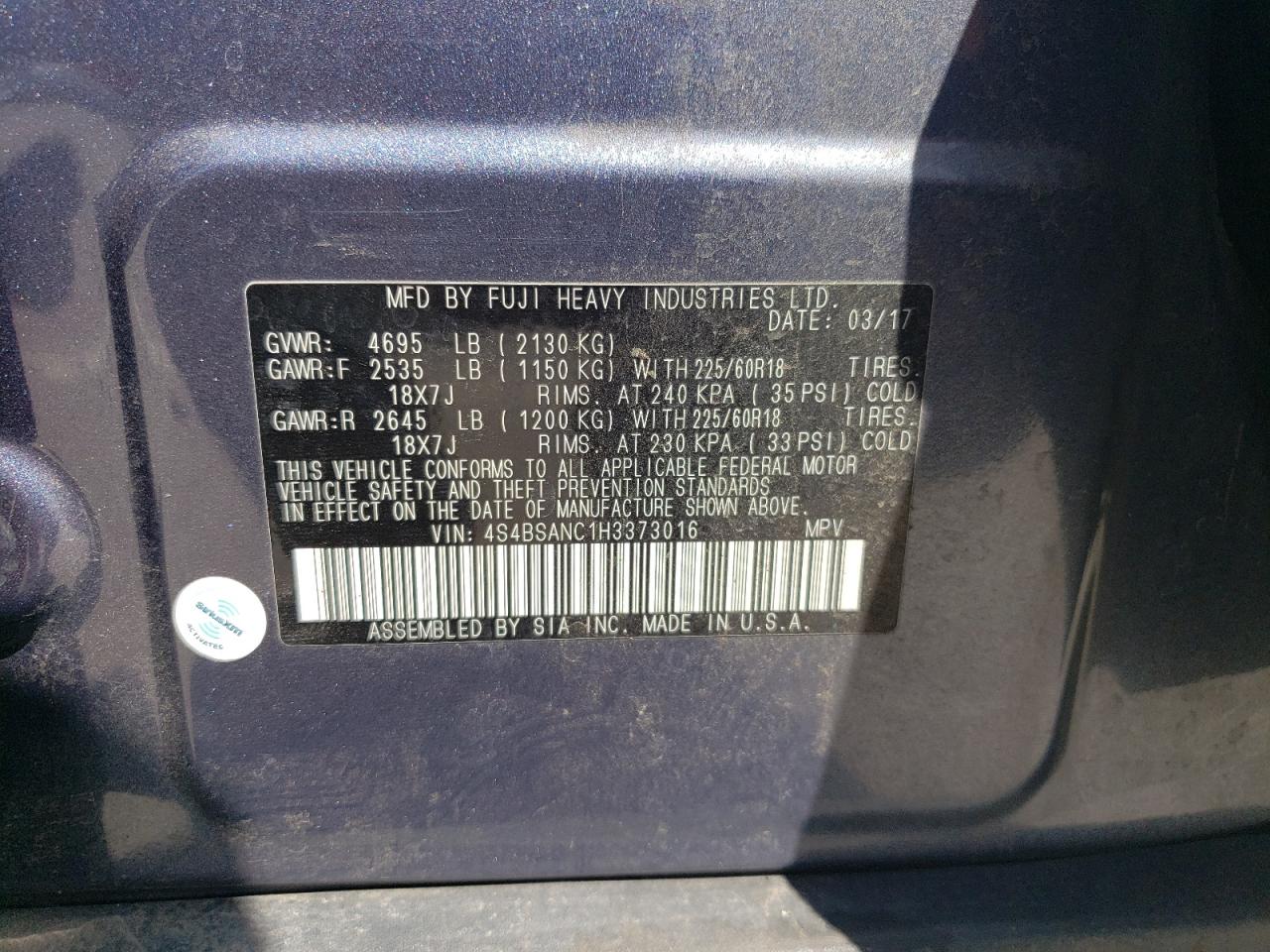 4S4BSANC1H3373016 2017 Subaru Outback 2.5I Limited