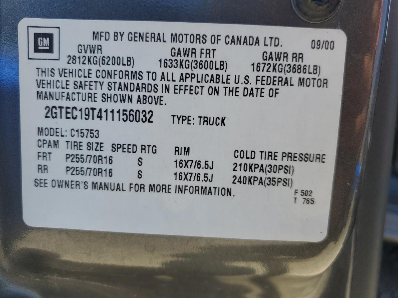 2GTEC19T411156032 2001 GMC New Sierra C1500