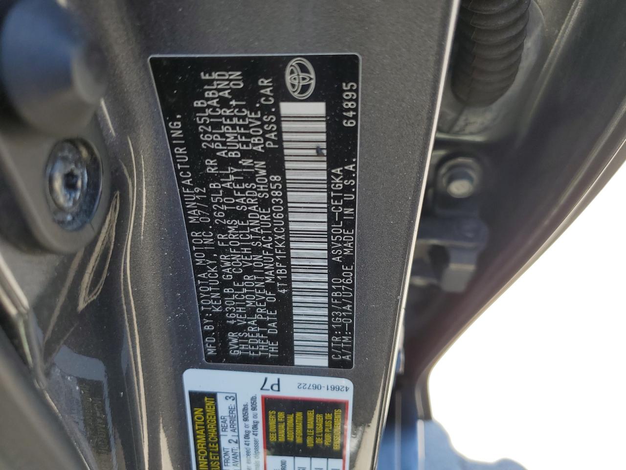 4T1BF1FKXCU603858 2012 Toyota Camry Base