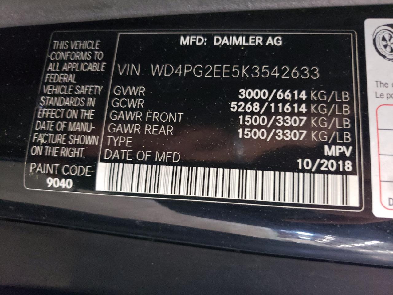 WD4PG2EE5K3542633 2019 Mercedes-Benz Metris