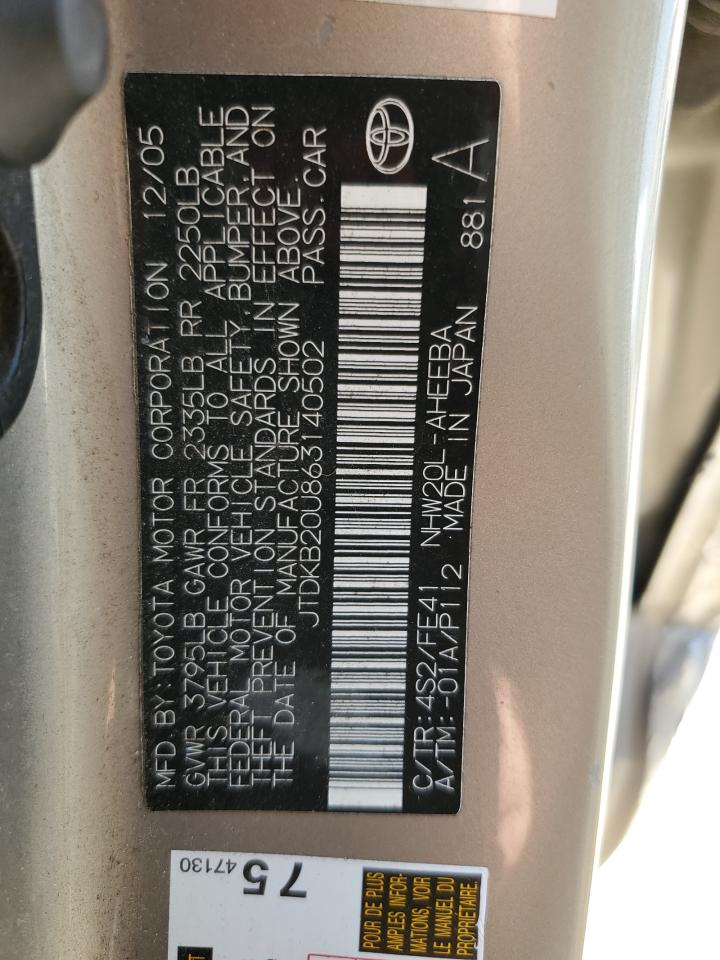 JTDKB20U863140502 2006 Toyota Prius