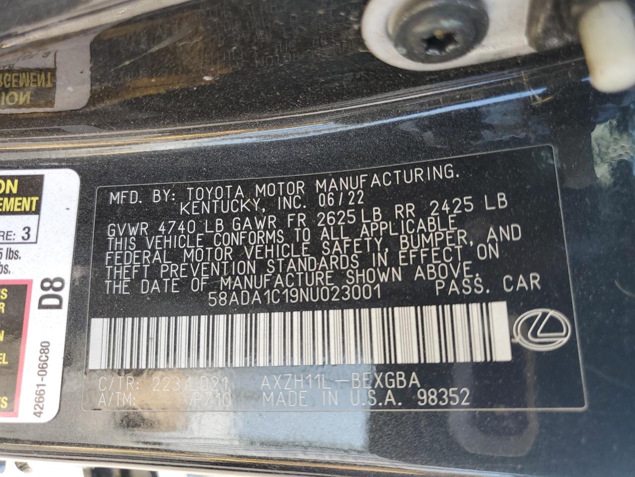 58ADA1C19NU023001 2022 Lexus Es 300H Base