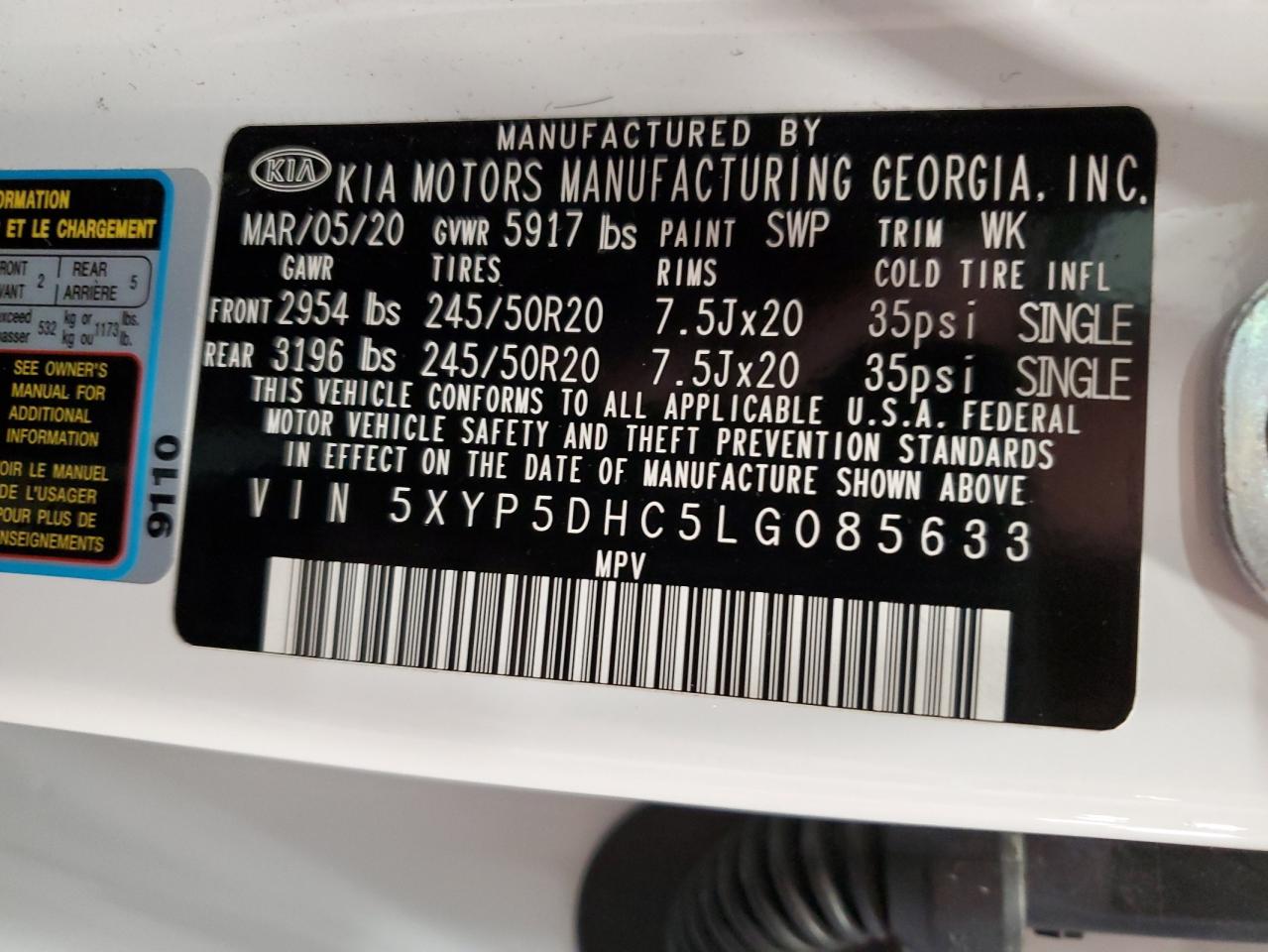 5XYP5DHC5LG085633 2020 Kia Telluride Sx