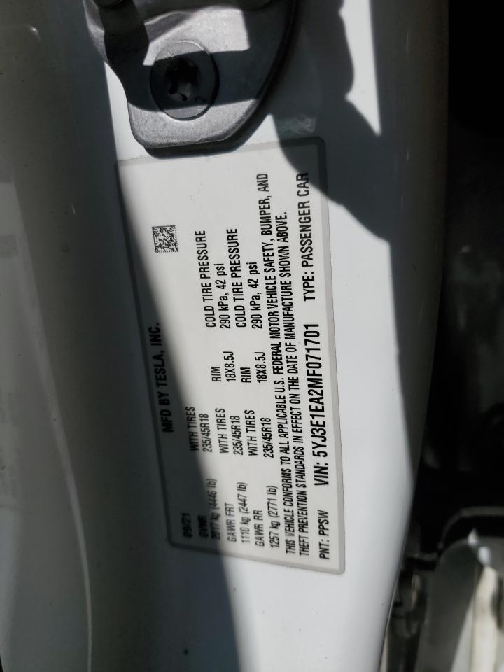 5YJ3E1EA2MF071701 2021 Tesla Model 3