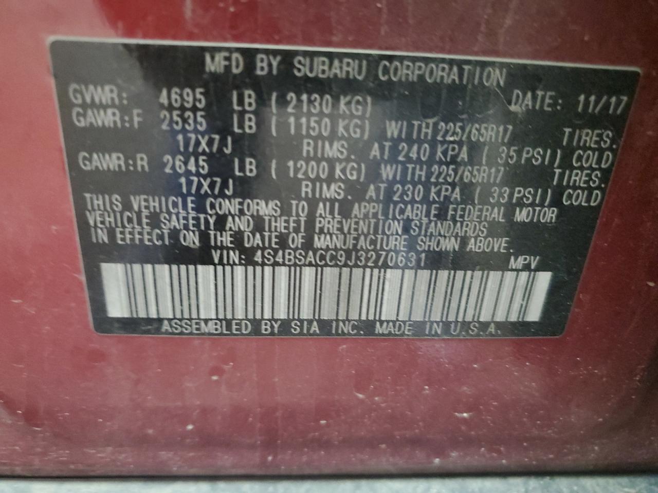 4S4BSACC9J3270631 2018 Subaru Outback 2.5I Premium