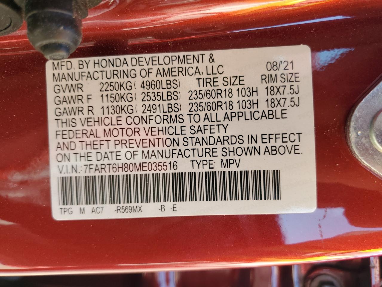 7FART6H80ME035516 2021 Honda Cr-V Exl