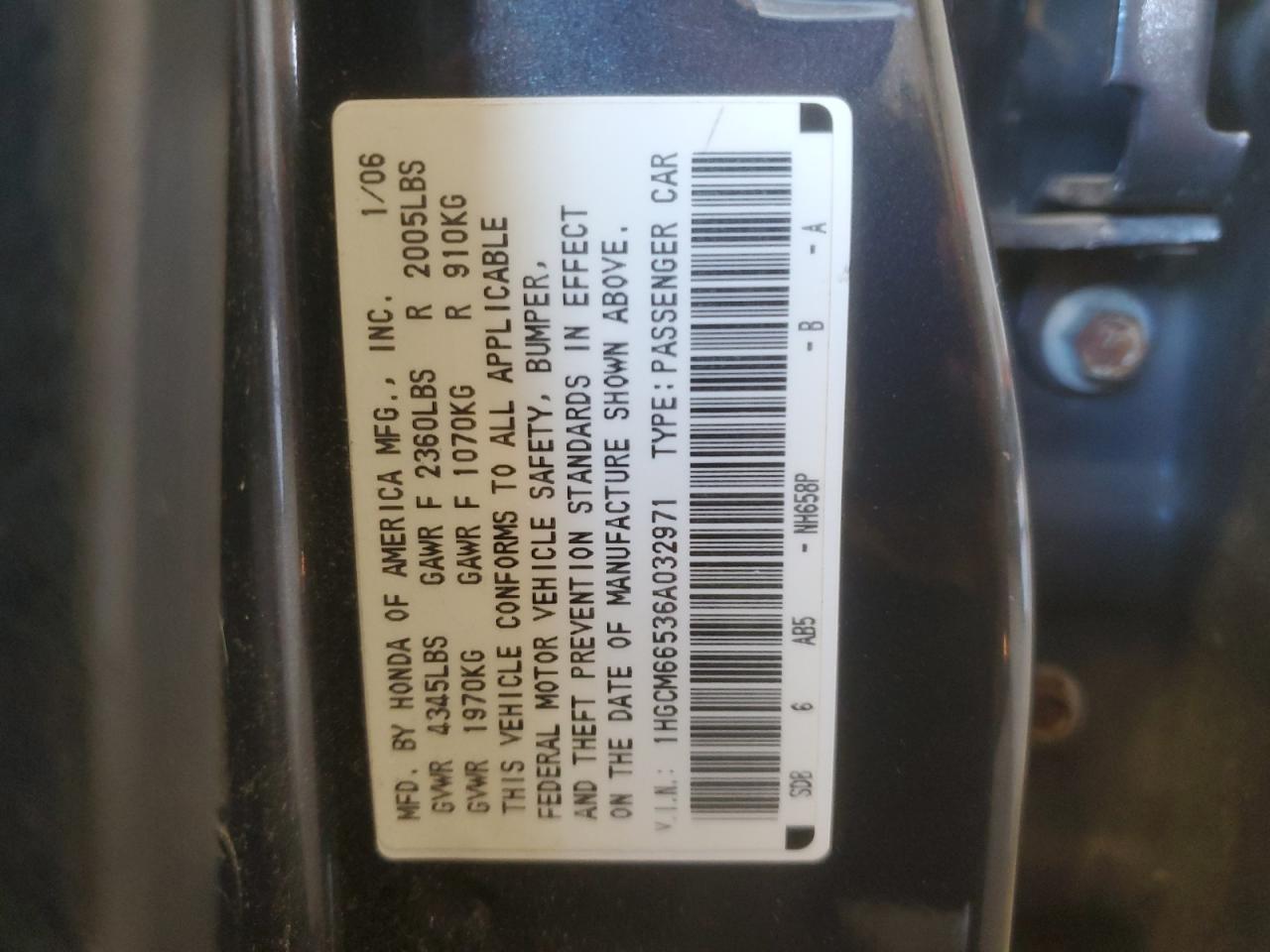1HGCM66536A032971 2006 Honda Accord Ex