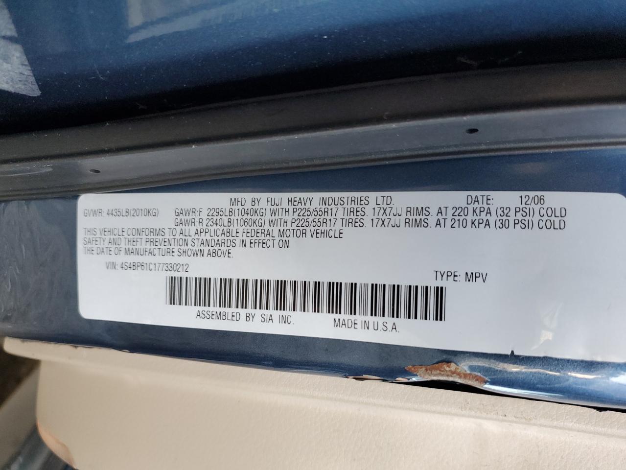 4S4BP61C177330212 2007 Subaru Outback Outback 2.5I