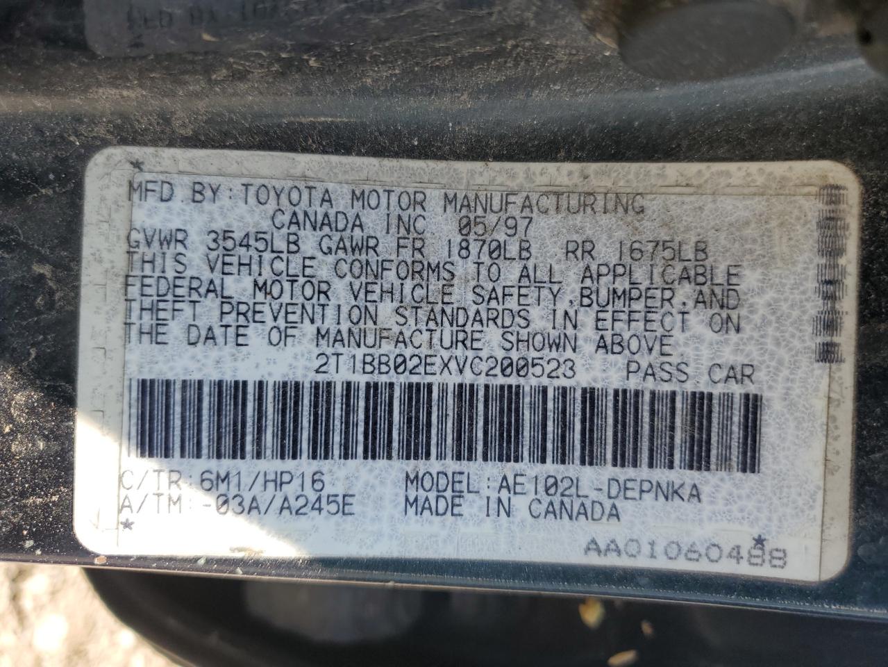 2T1BB02EXVC200523 1997 Toyota Corolla Dx