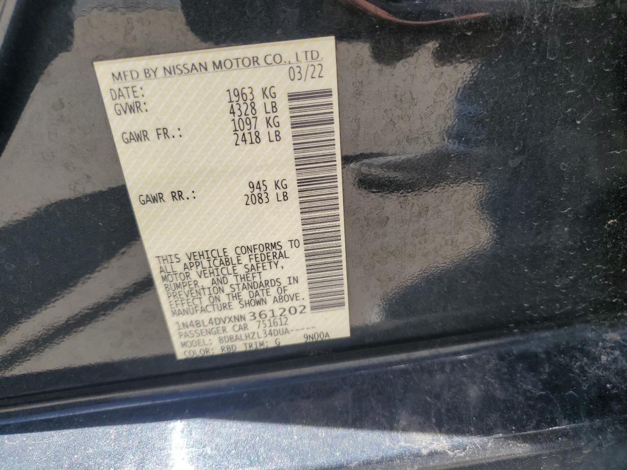 2022 Nissan Altima Sv vin: 1N4BL4DVXNN361202