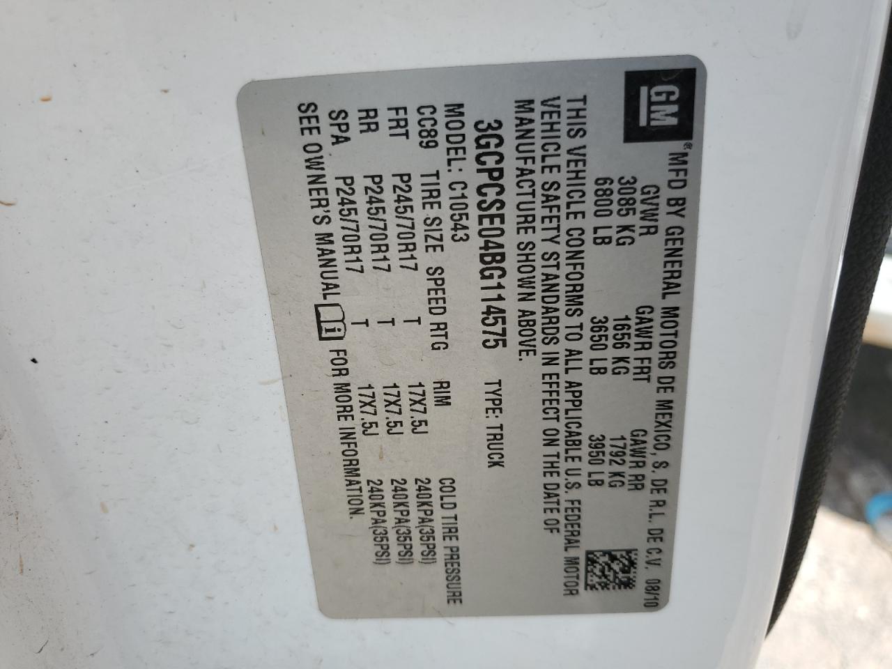 3GCPCSE04BG114575 2011 Chevrolet Silverado C1500 Lt