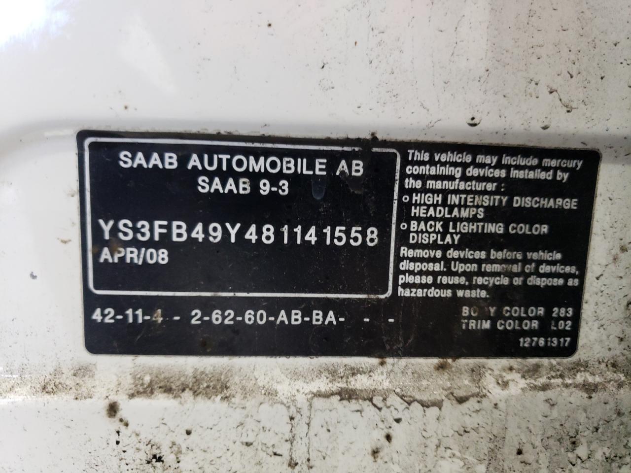 YS3FB49Y481141558 2008 Saab 9-3 2.0T