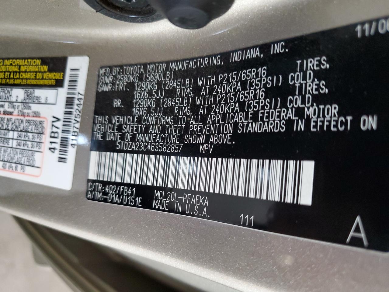 5TDZA23C46S582857 2006 Toyota Sienna Ce