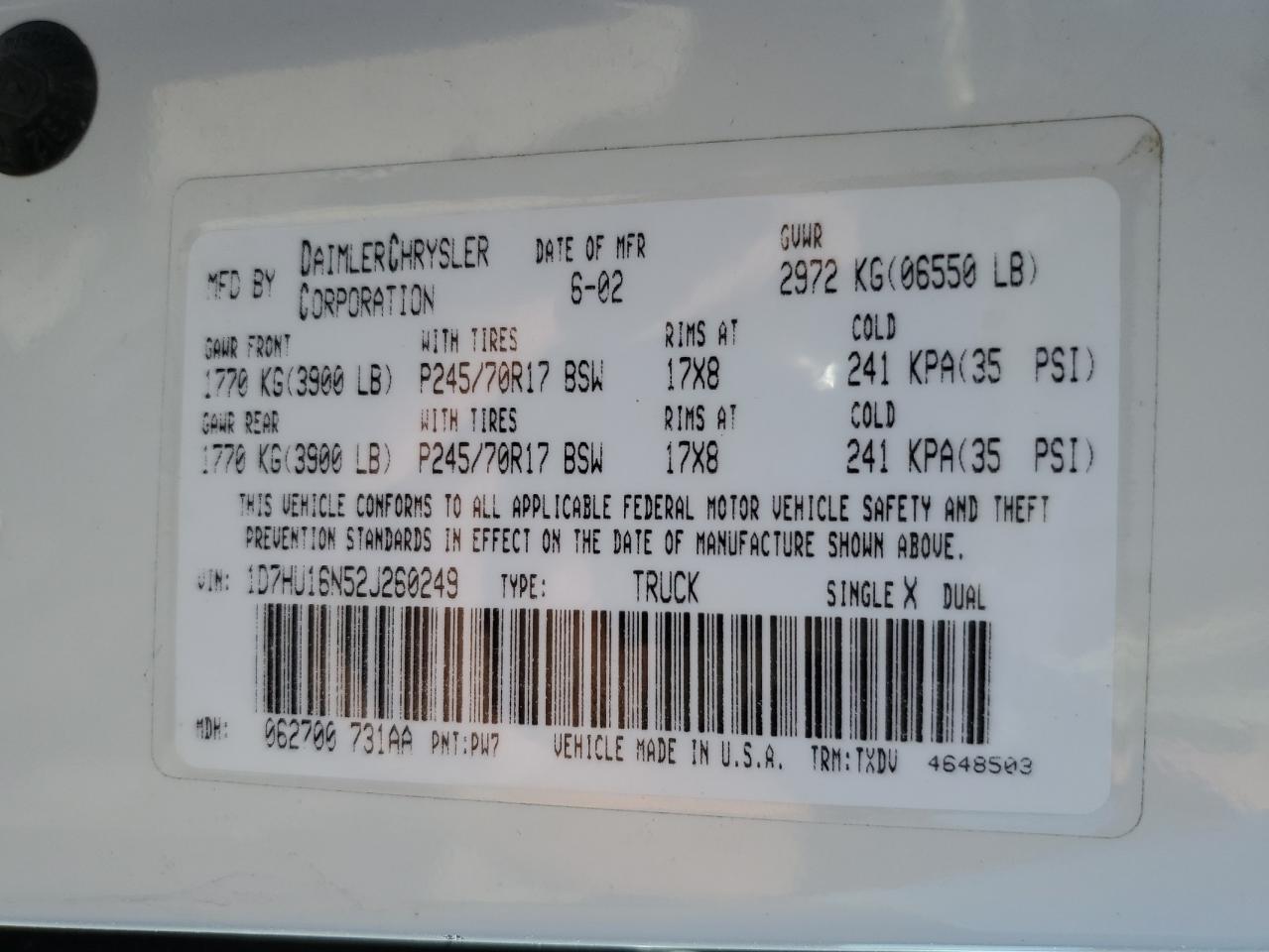 1D7HU16N52J260249 2002 Dodge Ram 1500