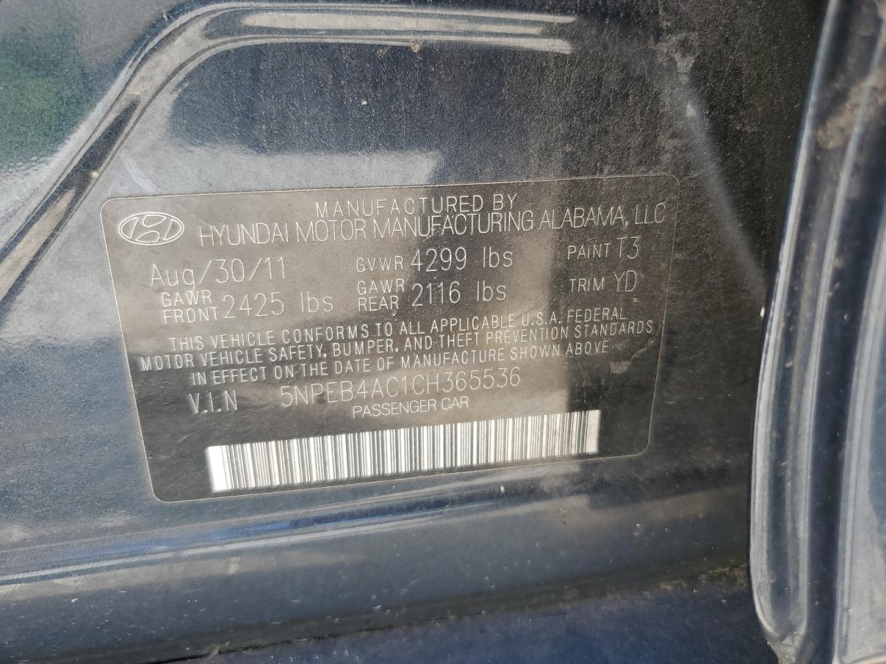 5NPEB4AC1CH365536 2012 Hyundai Sonata Gls