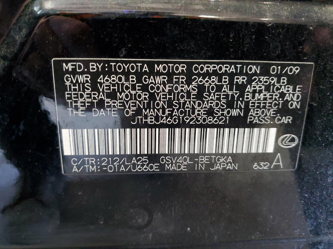 JTHBJ46G192308621 2009 Lexus Es 350