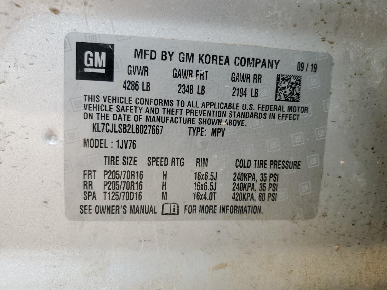 KL7CJLSB2LB027667 2020 Chevrolet Trax 1Lt