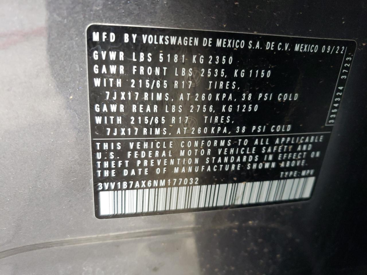 3VV1B7AX6NM177032 2022 Volkswagen Tiguan S