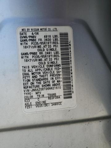 2006 Nissan Murano Sl VIN: JN8AZ08T06W421610 Lot: 58103284