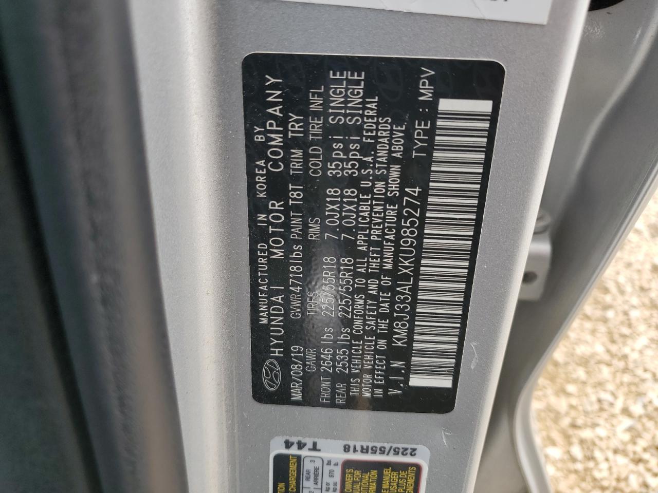 KM8J33ALXKU985274 2019 Hyundai Tucson Limited