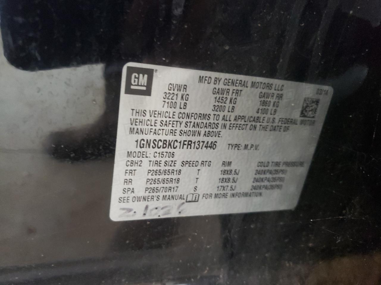 1GNSCBKC1FR137446 2015 Chevrolet Tahoe C1500 Lt