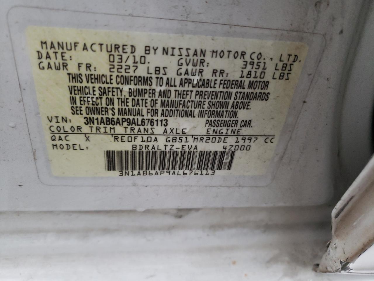 3N1AB6AP9AL676113 2010 Nissan Sentra 2.0