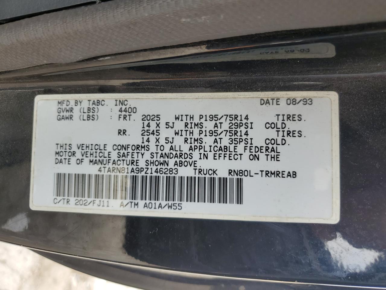 4TARN81A9PZ146283 1993 Toyota Pickup 1/2 Ton Short Wheelbase Stb