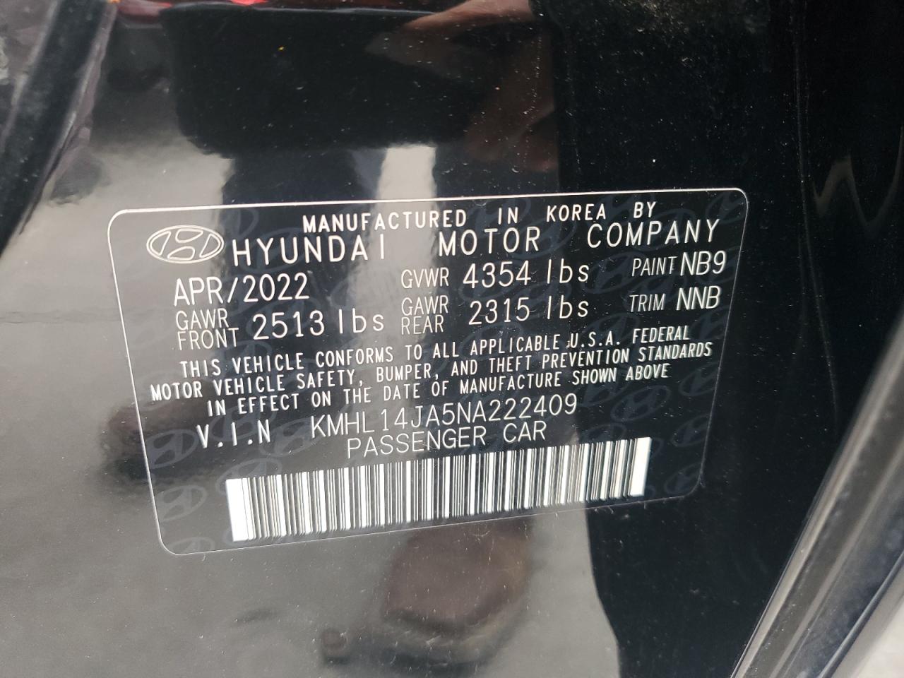 KMHL14JA5NA222409 2022 Hyundai Sonata Sel