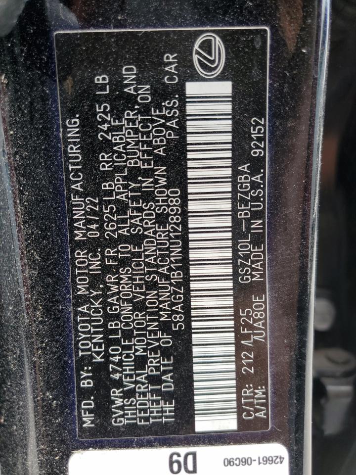 58AGZ1B11NU128980 2022 Lexus Es 350 Base