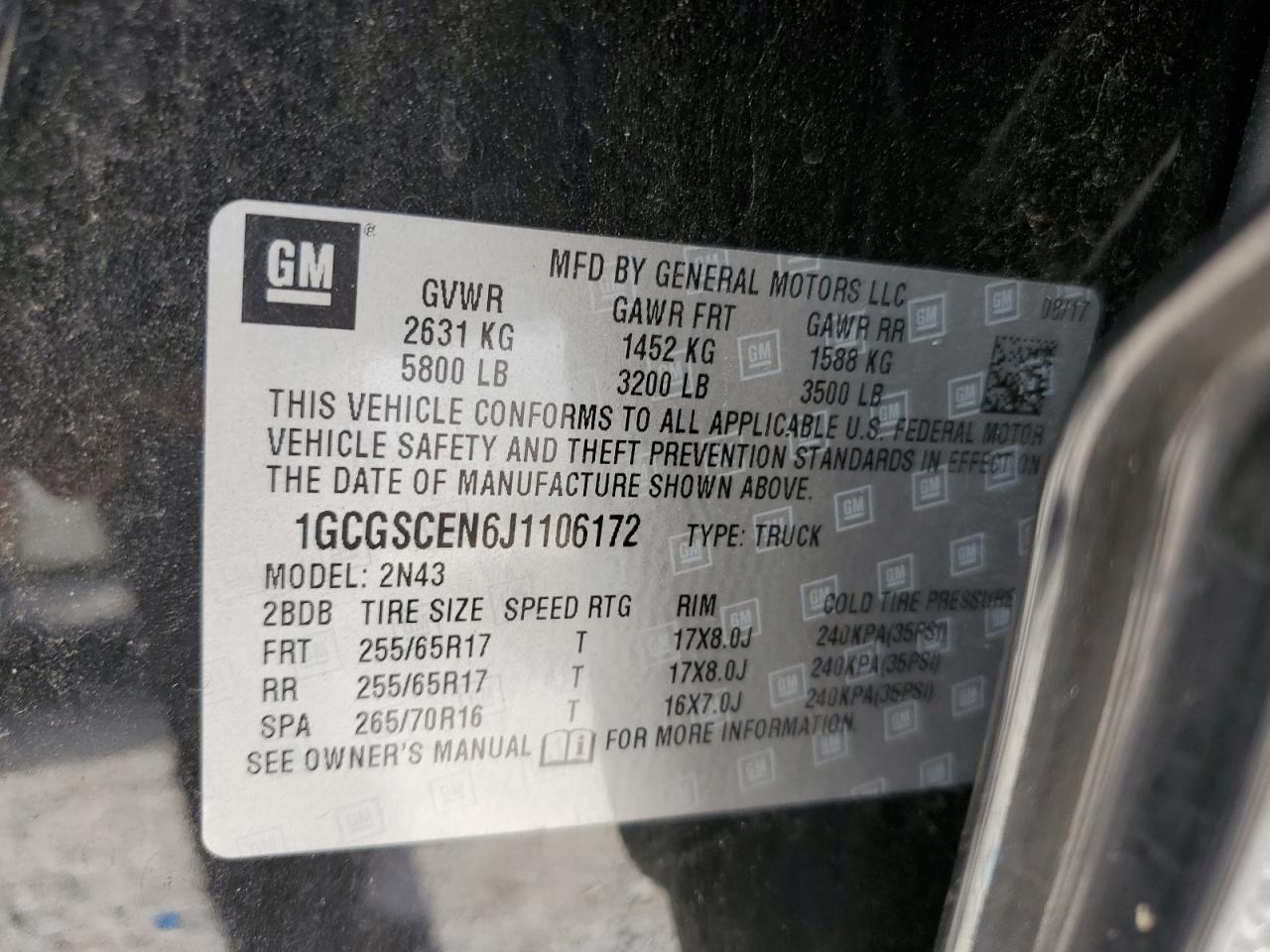 1GCGSCEN6J1106172 2018 Chevrolet Colorado Lt