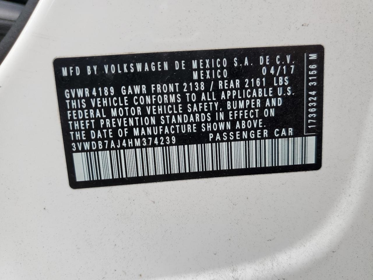 3VWDB7AJ4HM374239 2017 Volkswagen Jetta Se