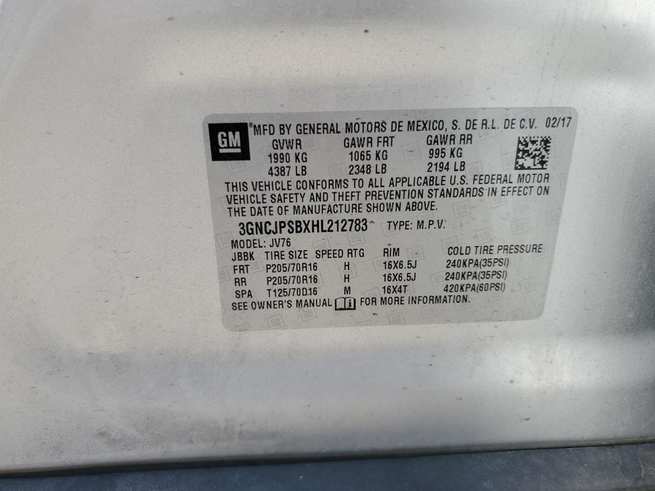 3GNCJPSBXHL212783 2017 Chevrolet Trax 1Lt