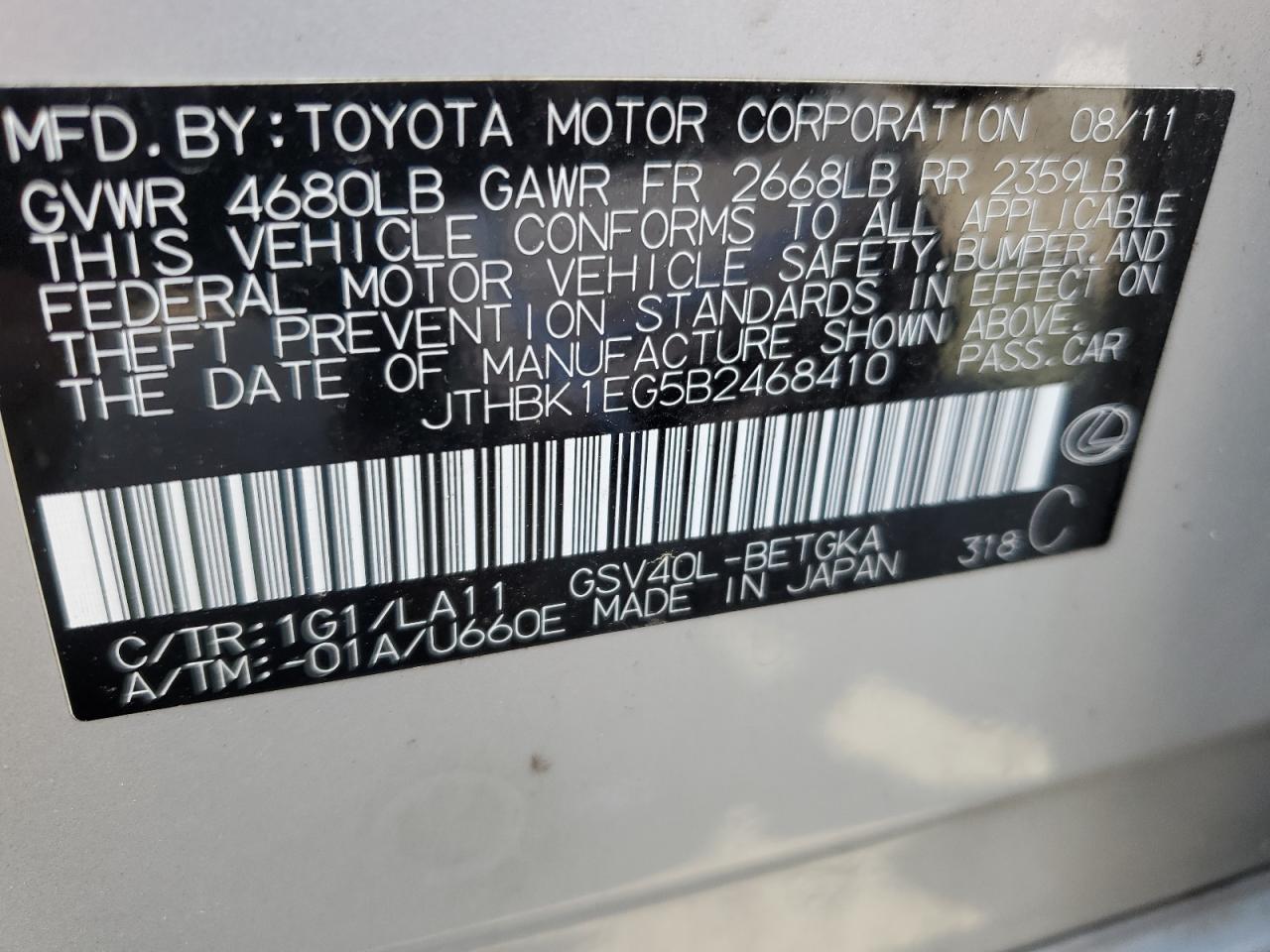 JTHBK1EG5B2468410 2011 Lexus Es 350