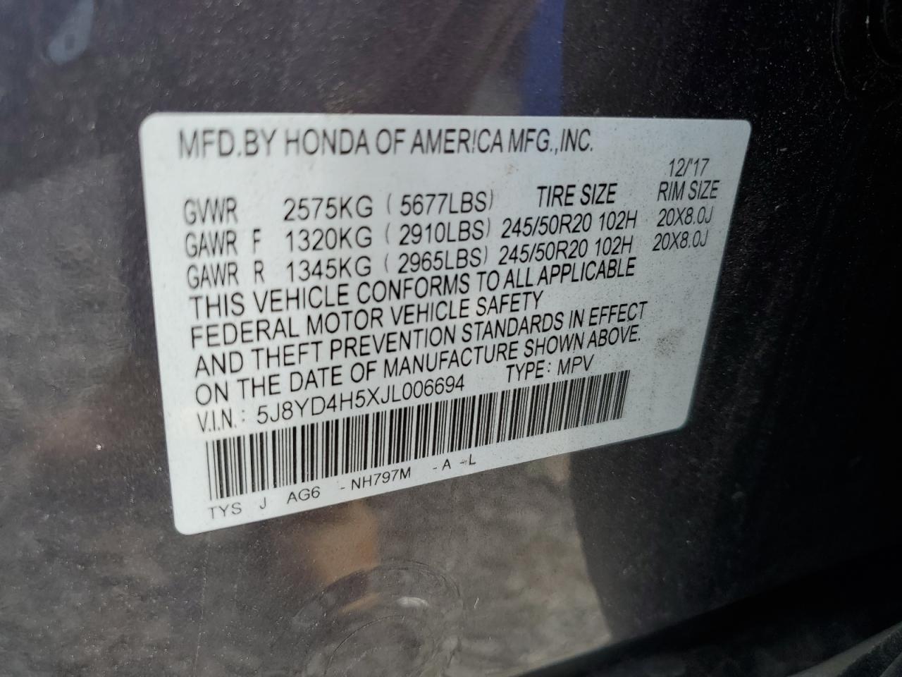 5J8YD4H5XJL006694 2018 Acura Mdx Technology