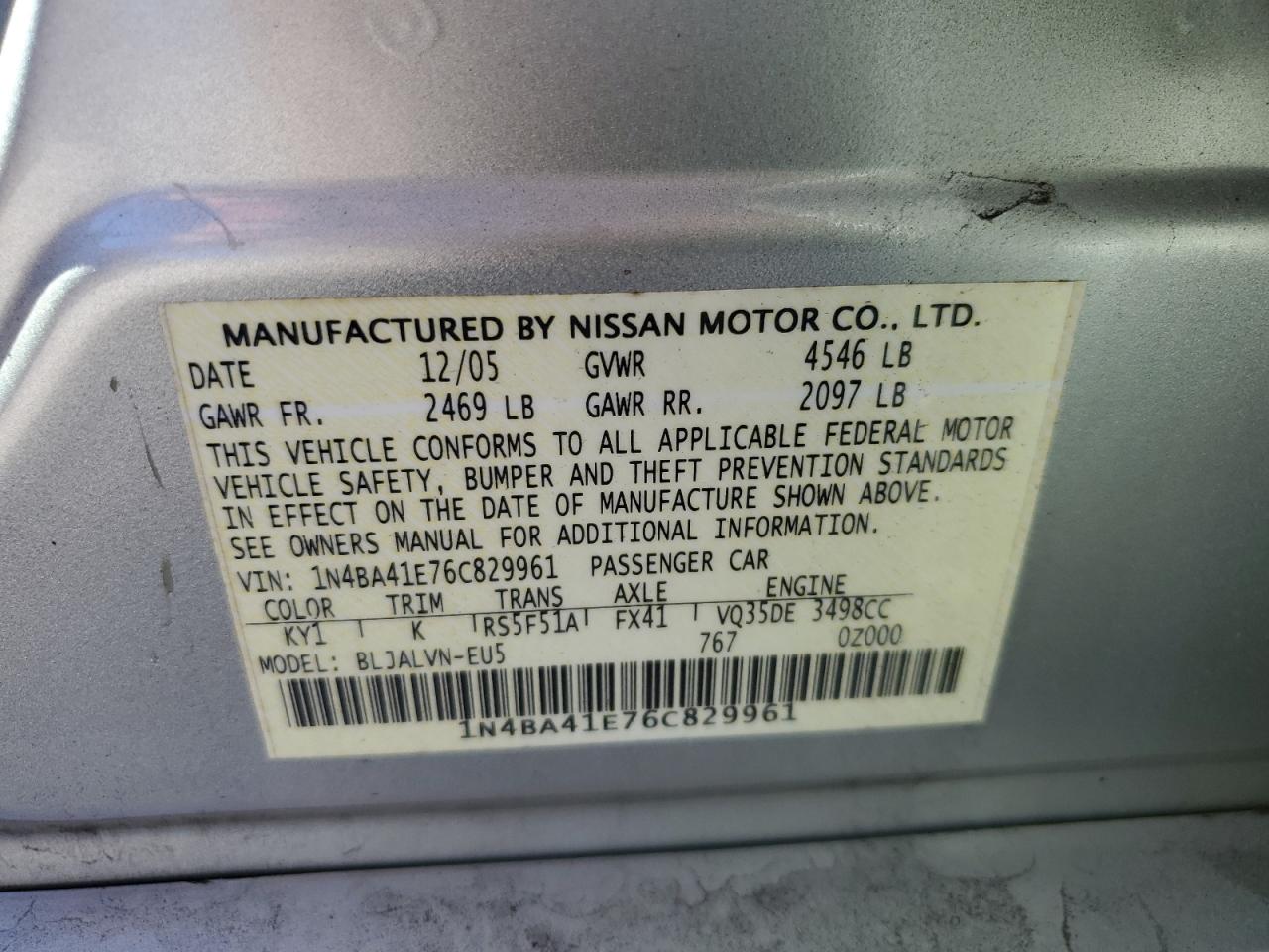 1N4BA41E76C829961 2006 Nissan Maxima Se