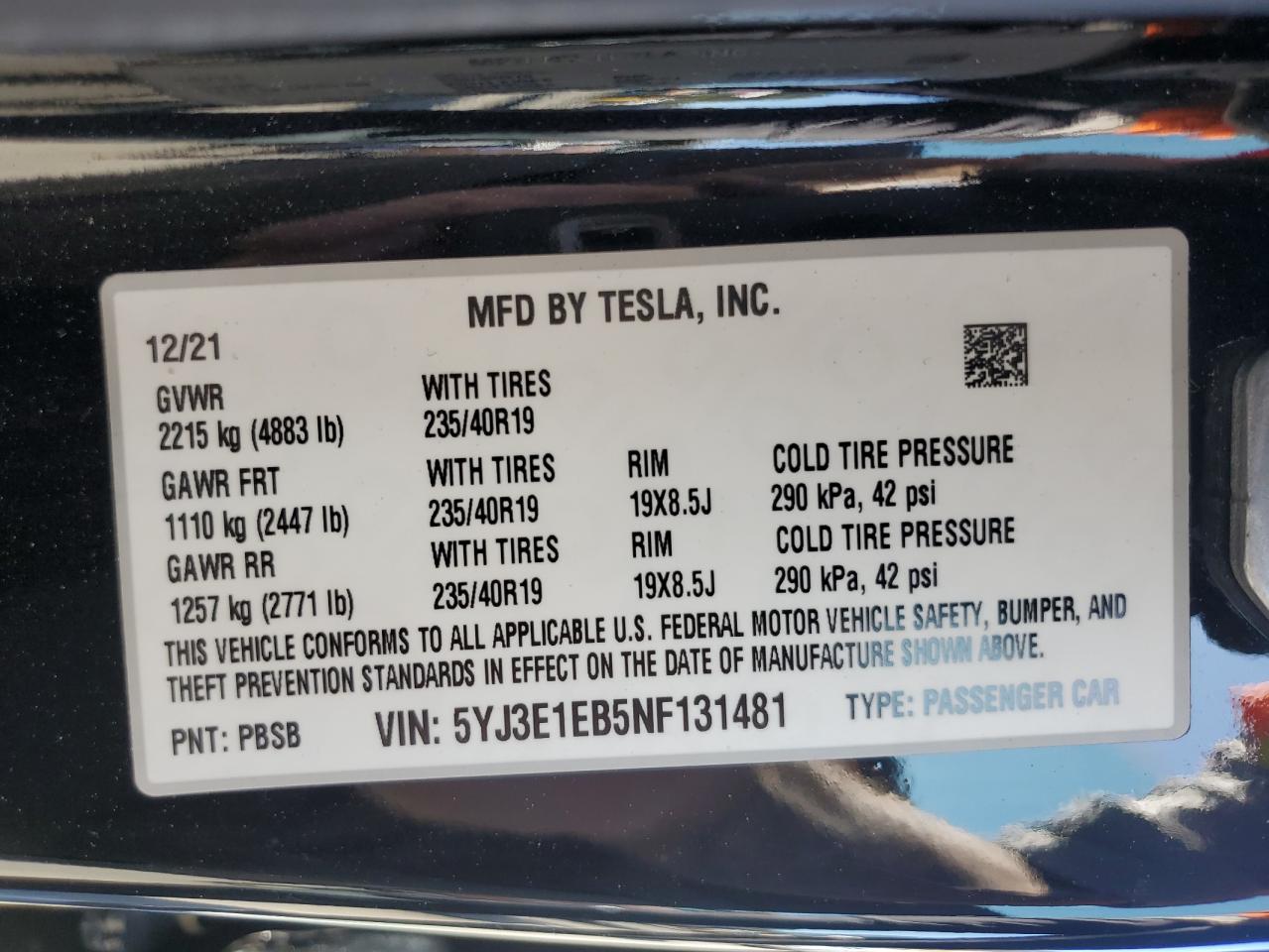 5YJ3E1EB5NF131481 2022 Tesla Model 3