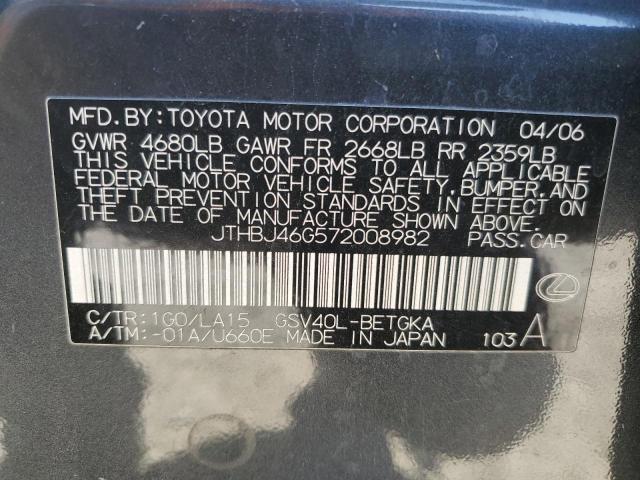 2007 Lexus Es 350 VIN: JTHBJ46G572008982 Lot: 60701304