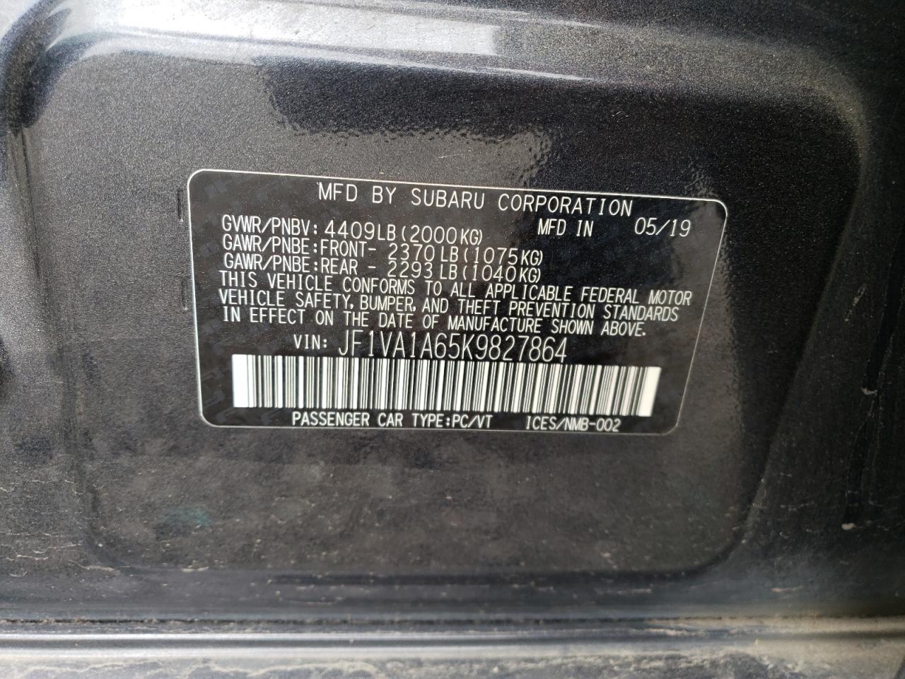 JF1VA1A65K9827864 2019 Subaru Wrx