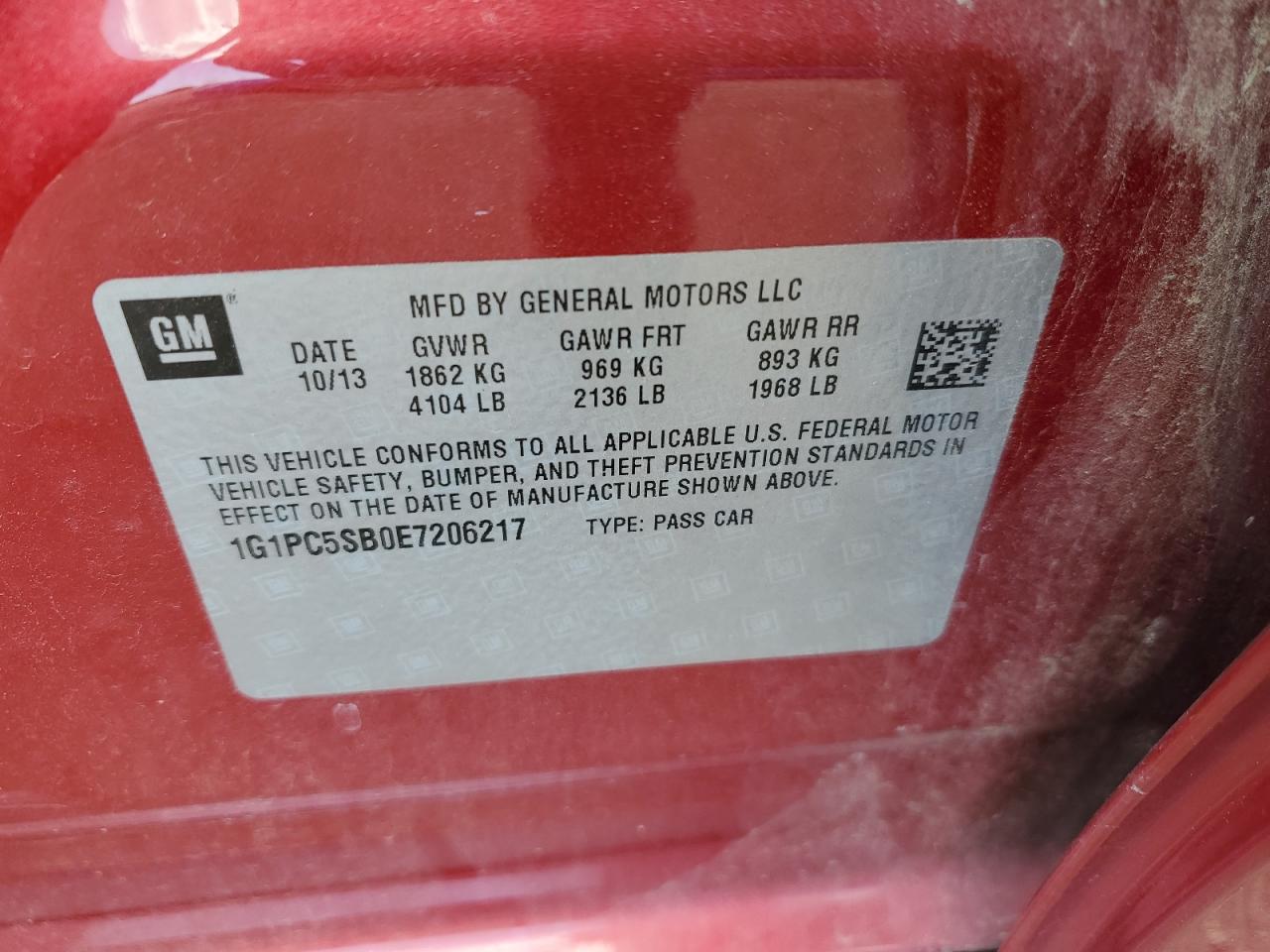 1G1PC5SB0E7206217 2014 Chevrolet Cruze Lt